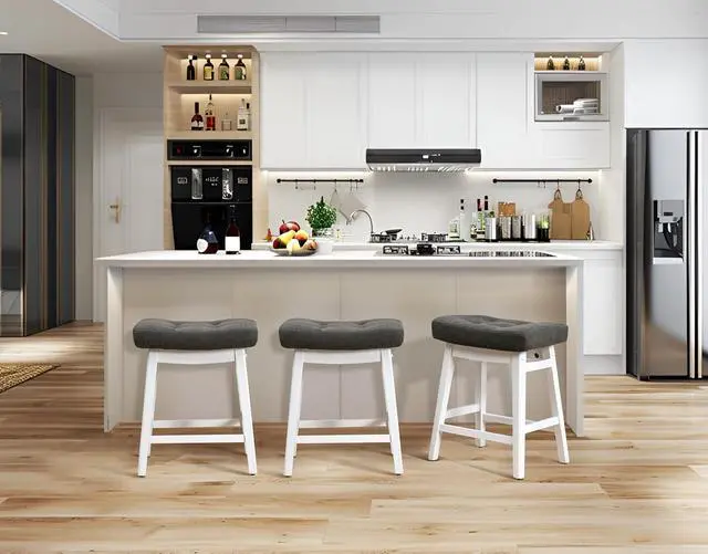 Alt view image 7 of 7 - Counter Height Bar Stools Set of 4 for Kitchen Counter Farmhouse Modern Barstools with Faux Leather Upholstered Backless Seat and Solid Wood Legs 24 inch Bar Chairs, Grey + White
