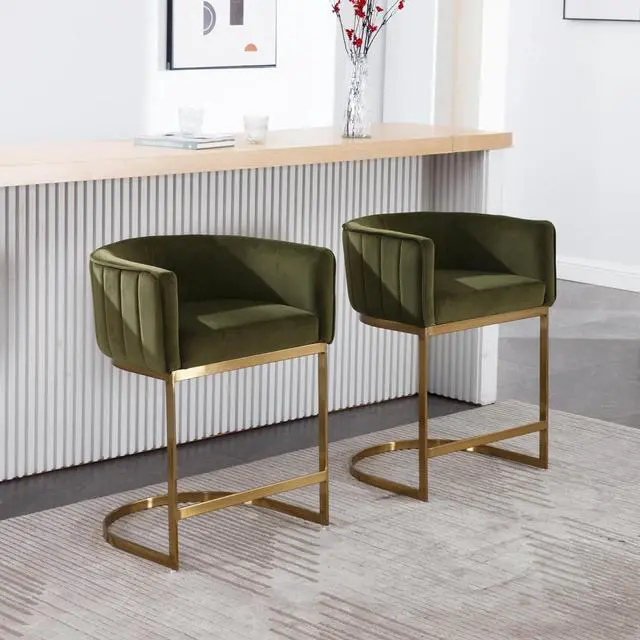 Alt view image 2 of 7 - 24" Modern Velvet Counter Height Bar Stools Set of 3 for Kitchen Island Comfy Upholstered Barrel Back Stool Chair with Golden Metal Legs for Breakfast Bar/Dining Room/Cafe, Dark Green