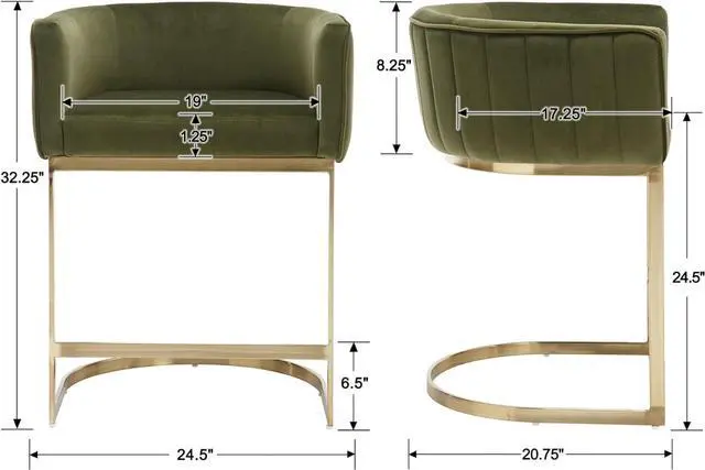 Alt view image 3 of 7 - 24" Modern Velvet Counter Height Bar Stools Set of 3 for Kitchen Island Comfy Upholstered Barrel Back Stool Chair with Golden Metal Legs for Breakfast Bar/Dining Room/Cafe, Dark Green