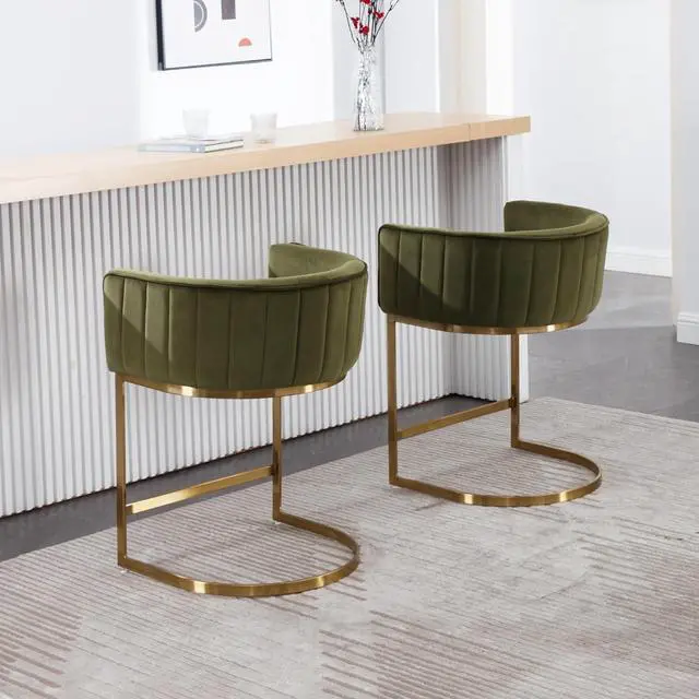 Alt view image 5 of 7 - 24" Modern Velvet Counter Height Bar Stools Set of 3 for Kitchen Island Comfy Upholstered Barrel Back Stool Chair with Golden Metal Legs for Breakfast Bar/Dining Room/Cafe, Dark Green