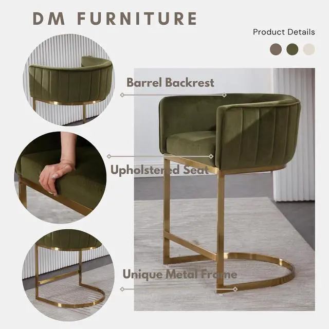 Alt view image 4 of 7 - 24" Modern Velvet Counter Height Bar Stools Set of 3 for Kitchen Island Comfy Upholstered Barrel Back Stool Chair with Golden Metal Legs for Breakfast Bar/Dining Room/Cafe, Dark Green