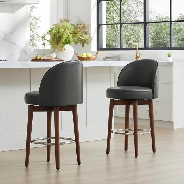 Alt view image 5 of 7 - CHITA Counter Height Bar Stools Set of 2,Swivel Barstools for Kitchen Island,26.4" H Seat Height,Faux Leather,Retro Grey