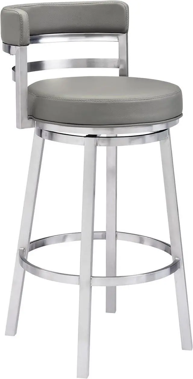 Main image of Armen Living Madrid 26" Counter Height Swivel Modern Gray Faux Leather and Brushed Stainless Steel Bar Stool for Kitchen Island Counter