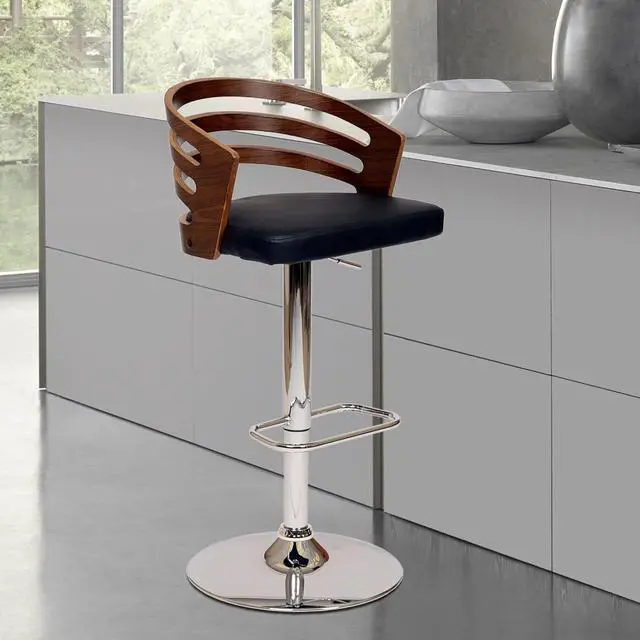 Alt view image 2 of 5 - Armen Living Barstool Mid Century Modern Pedestal Swivel Wood Bar Stool with Faux Leather for Kitchen Island Counter, 25-32" Adjustable Seat Height, Adele