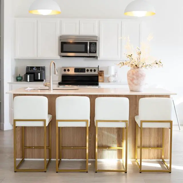 Main image of MAISON ARTS Faux Leather Bar Stools Set of 4, 24 Inch Counter Height Barstools with Back, Gold Metal Frame, Footrest, Modern Upholstered Bar Chairs for Kitchen Island & Home Bar, Off White