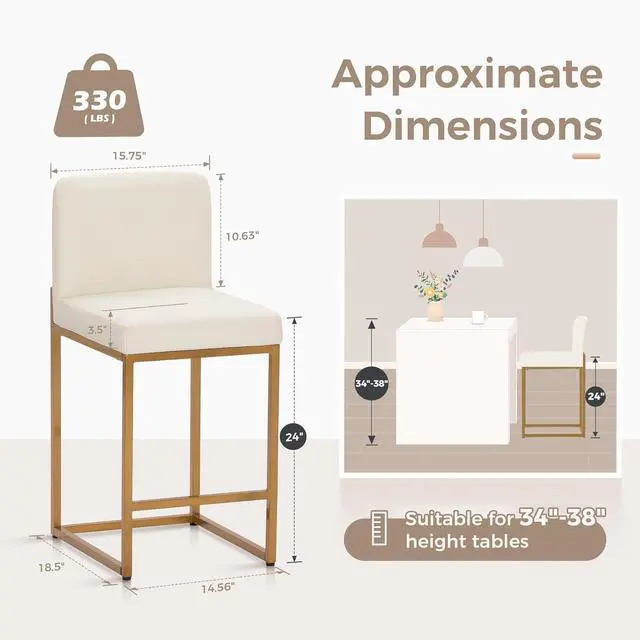 Alt view image 2 of 7 - MAISON ARTS Faux Leather Bar Stools Set of 4, 24 Inch Counter Height Barstools with Back, Gold Metal Frame, Footrest, Modern Upholstered Bar Chairs for Kitchen Island & Home Bar, Off White