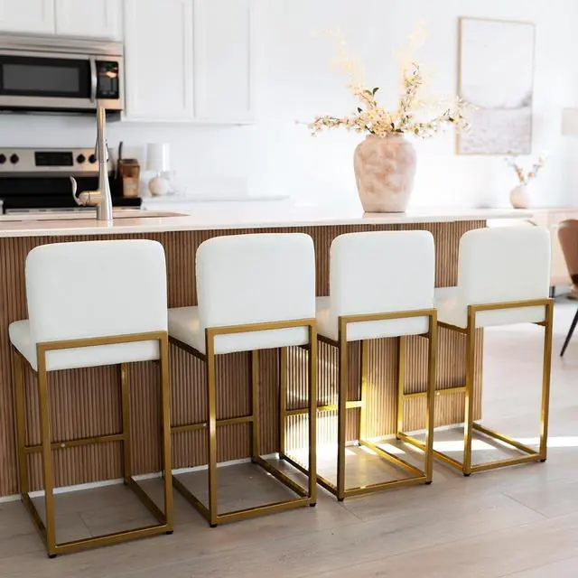 Alt view image 4 of 7 - MAISON ARTS Faux Leather Bar Stools Set of 4, 24 Inch Counter Height Barstools with Back, Gold Metal Frame, Footrest, Modern Upholstered Bar Chairs for Kitchen Island & Home Bar, Off White