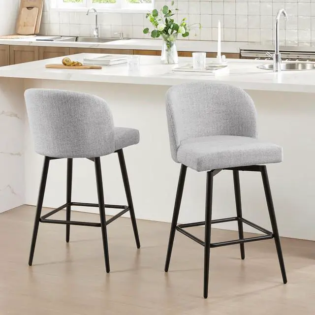 Alt view image 2 of 7 - Watson & Whitely Barstools Bar Height Set of 2, Upholstered 360° Swivel Bar Stools with Backs and Metal Legs, 30" H Seat Height, Fabric in White (Multi-Colored)