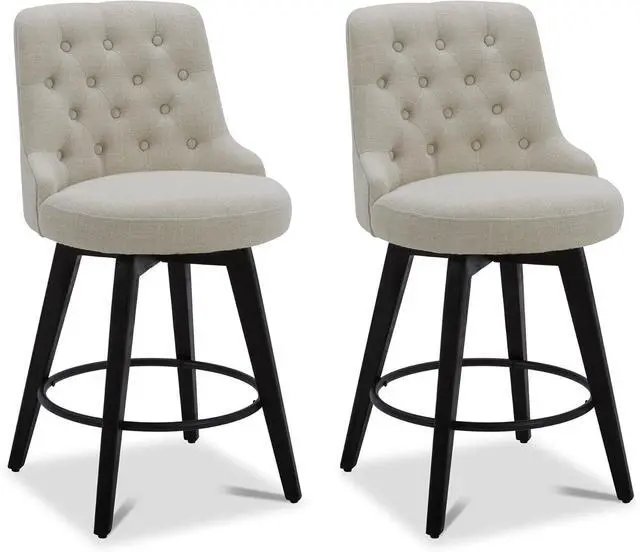 Main image of Watson & Whitely Modern Swivel Bar Stools, Performance Fabric Upholstered Counter Height Bar Stools with Back, Solid Wood Legs, 26" H Seat, Set of 2, Linen