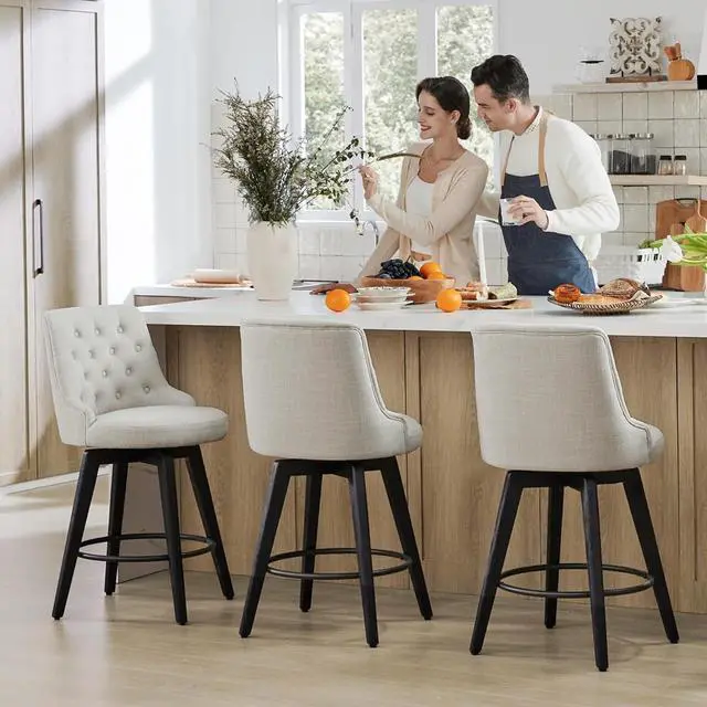 Alt view image 2 of 7 - Watson & Whitely Modern Swivel Bar Stools, Performance Fabric Upholstered Counter Height Bar Stools with Back, Solid Wood Legs, 26" H Seat, Set of 2, Linen