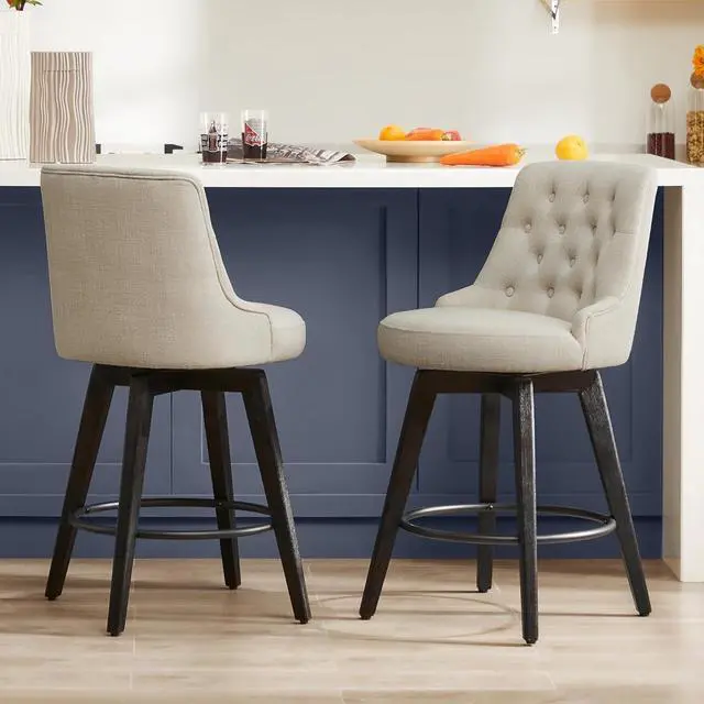 Alt view image 6 of 7 - Watson & Whitely Modern Swivel Bar Stools, Performance Fabric Upholstered Counter Height Bar Stools with Back, Solid Wood Legs, 26" H Seat, Set of 2, Linen