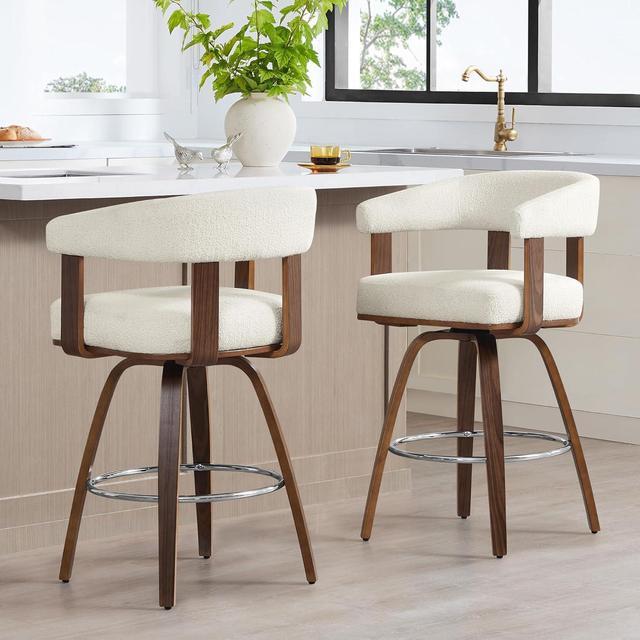 Alt view image 2 of 7 - CHITA Swivel Counter Height Barstools Set of 2, FSC Certified Polyester Upholstered Bar Stools with Back and Armrest for Kitchen Island Home Bar, 27" Seat Height, Cream with Walnut Frame