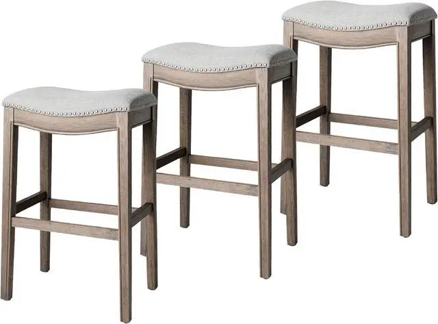 Main image of Maven Lane Adrien 31 Inch Bar Height Upholstered Backless Saddle Barstool in Reclaimed Oak Finish with Ash Grey Fabric Cushion Seat, Set of 3