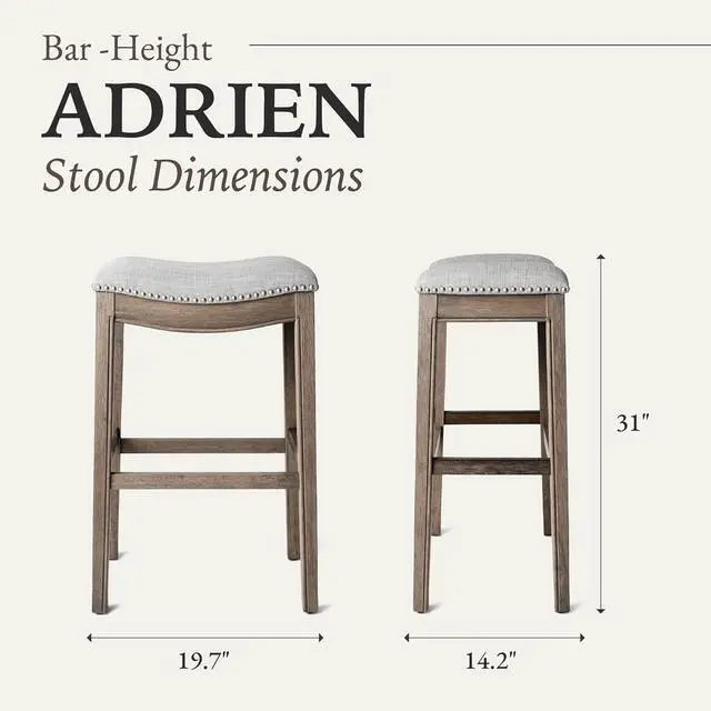 Alt view image 3 of 7 - Maven Lane Adrien 31 Inch Bar Height Upholstered Backless Saddle Barstool in Reclaimed Oak Finish with Ash Grey Fabric Cushion Seat, Set of 3