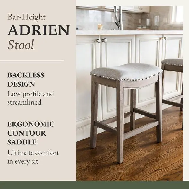 Alt view image 4 of 7 - Maven Lane Adrien 31 Inch Bar Height Upholstered Backless Saddle Barstool in Reclaimed Oak Finish with Ash Grey Fabric Cushion Seat, Set of 3