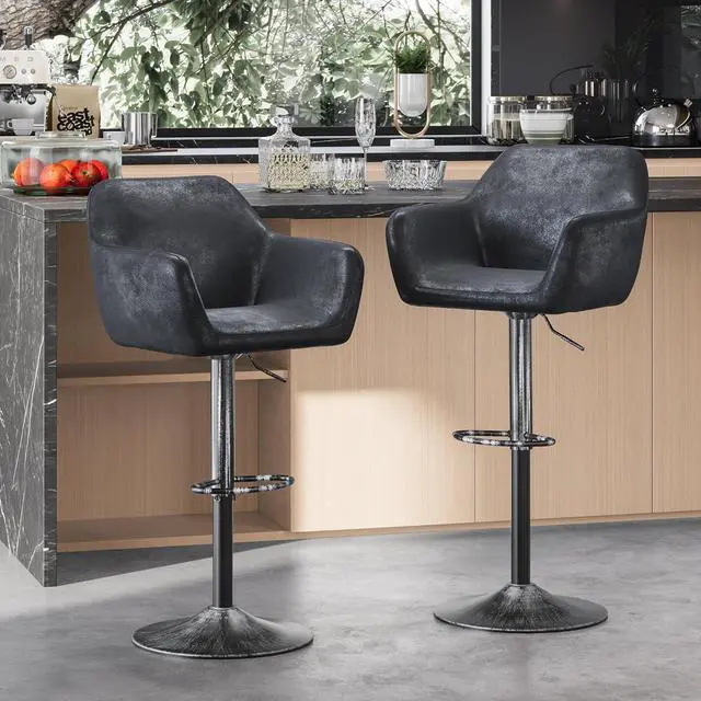 Main image of Keyluv Bar Stools Set of 2 for Kitchen Counter Adjustable Height Swivel Barstools 29 Inch Faux Leather Bar Chairs with Padded Back and Chromed Metal Base, Retro Black
