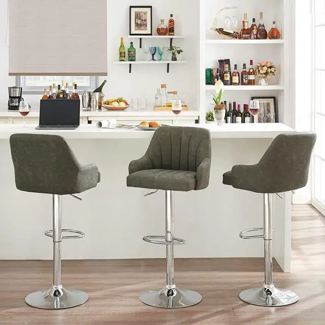 Alt view image 2 of 7 - VECELO Bar Stools Set of 2, Adjustable Barstools, Counter Height Stools with Back and Arm, Kitchen Island Stools, Swivel PU Leather Chairs for Pub, Dining Room, Modern Style, Dark Grey