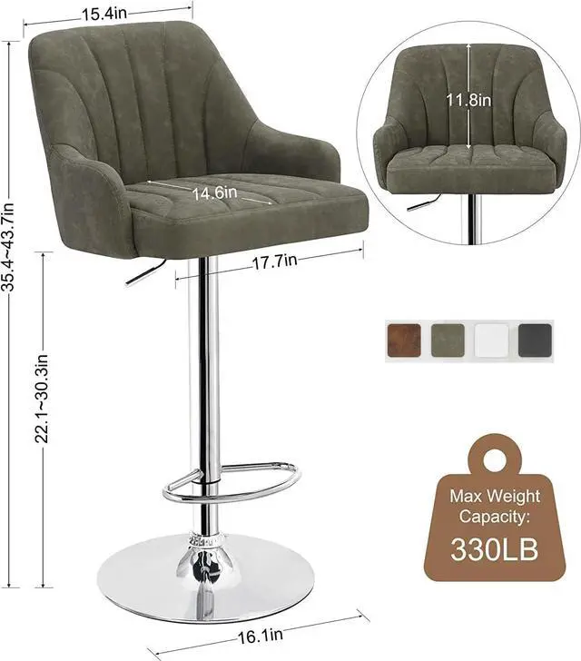Alt view image 3 of 7 - VECELO Bar Stools Set of 2, Adjustable Barstools, Counter Height Stools with Back and Arm, Kitchen Island Stools, Swivel PU Leather Chairs for Pub, Dining Room, Modern Style, Dark Grey
