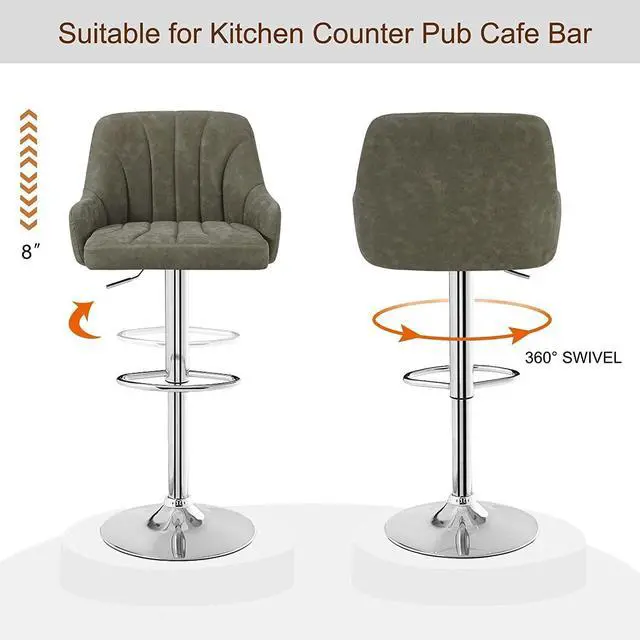 Alt view image 6 of 7 - VECELO Bar Stools Set of 2, Adjustable Barstools, Counter Height Stools with Back and Arm, Kitchen Island Stools, Swivel PU Leather Chairs for Pub, Dining Room, Modern Style, Dark Grey