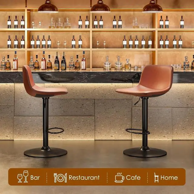 Alt view image 4 of 7 - Adjustable Bar Stools Set of 2, Mid Century Modern Swivel Bar Stools, Industrial Bar Height Stools with Back Support Counter Height Bar Chairs Pu Leather Bar Stool for Kitchen Island Rustic Barstools
