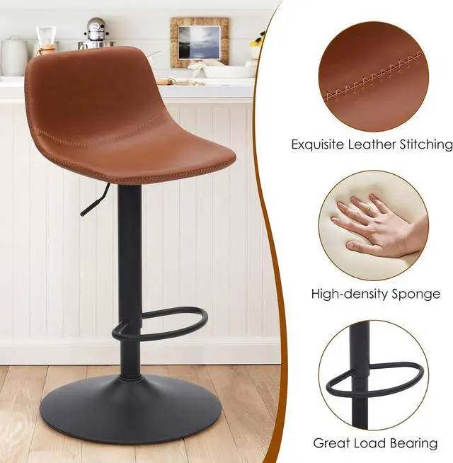 Alt view image 6 of 7 - Adjustable Bar Stools Set of 2, Mid Century Modern Swivel Bar Stools, Industrial Bar Height Stools with Back Support Counter Height Bar Chairs Pu Leather Bar Stool for Kitchen Island Rustic Barstools