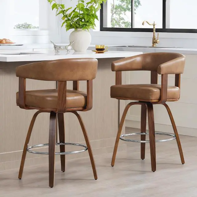 Alt view image 2 of 7 - CHITA Swivel Counter Height Barstools Set of 2, FSC Certified Faux Leather Upholstered Bar Stools with Back and Armrest for Kitchen Island Home Bar, 27" Seat Height, Camel with Walnut Frame