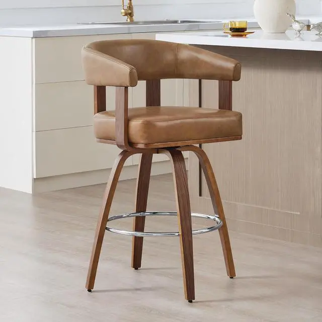Alt view image 4 of 7 - CHITA Swivel Counter Height Barstools Set of 2, FSC Certified Faux Leather Upholstered Bar Stools with Back and Armrest for Kitchen Island Home Bar, 27" Seat Height, Camel with Walnut Frame