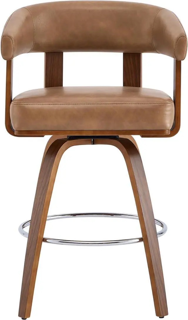 Alt view image 6 of 7 - CHITA Swivel Counter Height Barstools Set of 2, FSC Certified Faux Leather Upholstered Bar Stools with Back and Armrest for Kitchen Island Home Bar, 27" Seat Height, Camel with Walnut Frame