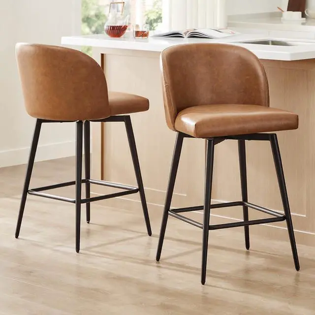 Main image of Watson & Whitely Counter Height Bar Stools Set of 2, 360° Swivel Upholstered Barstools with Backs and Metal Legs, 26" H Seat Height, Faux Leather in Saddle Brown