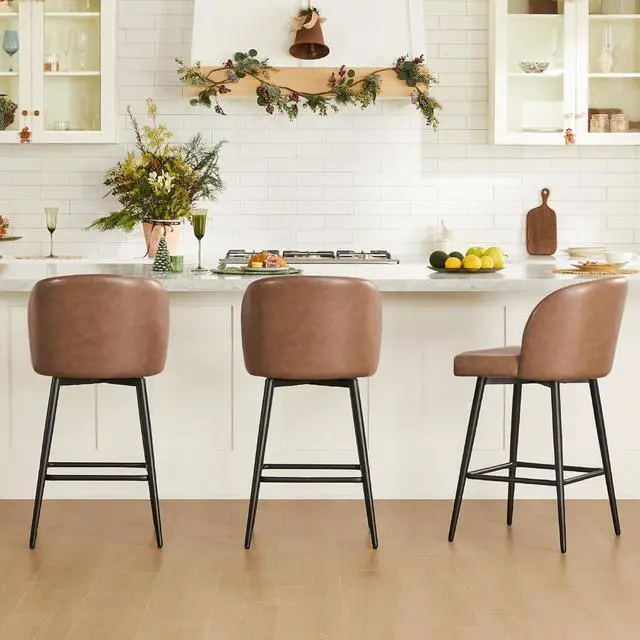 Alt view image 3 of 7 - Watson & Whitely Counter Height Bar Stools Set of 2, 360° Swivel Upholstered Barstools with Backs and Metal Legs, 26" H Seat Height, Faux Leather in Saddle Brown