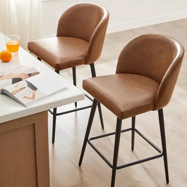 Alt view image 4 of 7 - Watson & Whitely Counter Height Bar Stools Set of 2, 360° Swivel Upholstered Barstools with Backs and Metal Legs, 26" H Seat Height, Faux Leather in Saddle Brown