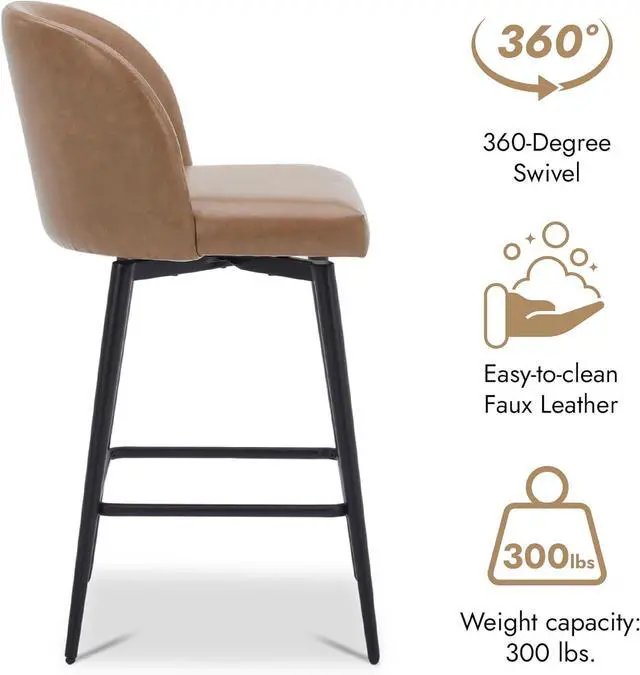 Alt view image 5 of 7 - Watson & Whitely Counter Height Bar Stools Set of 2, 360° Swivel Upholstered Barstools with Backs and Metal Legs, 26" H Seat Height, Faux Leather in Saddle Brown