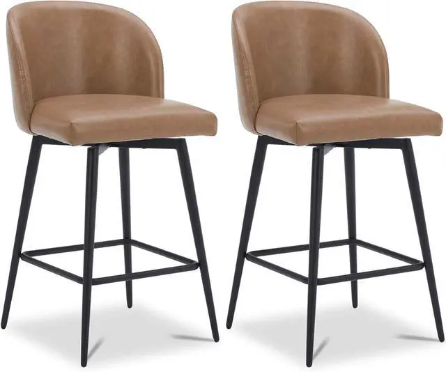 Alt view image 7 of 7 - Watson & Whitely Counter Height Bar Stools Set of 2, 360° Swivel Upholstered Barstools with Backs and Metal Legs, 26" H Seat Height, Faux Leather in Saddle Brown