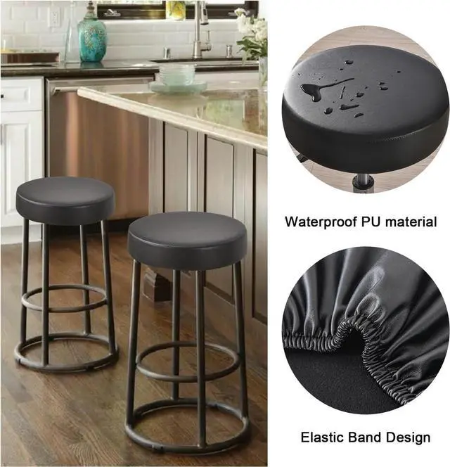 Alt view image 3 of 7 - FUANGUI Bar Stool Covers Round Set of 6, Waterproof PU Bar Stool Seat Covers with Elastic Bands,Bar Stool Chair Covers Washable Stool Cushion Slipcover for 12-15 Inch - Black