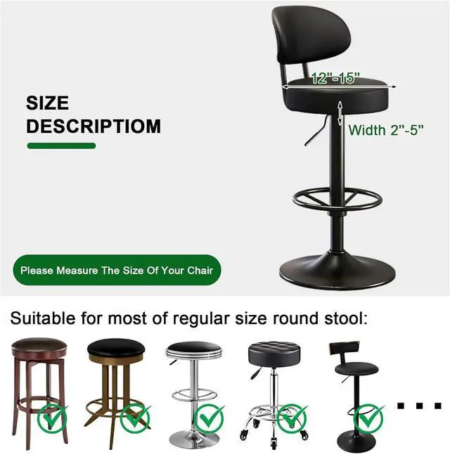 Alt view image 4 of 7 - FUANGUI Bar Stool Covers Round Set of 6, Waterproof PU Bar Stool Seat Covers with Elastic Bands,Bar Stool Chair Covers Washable Stool Cushion Slipcover for 12-15 Inch - Black