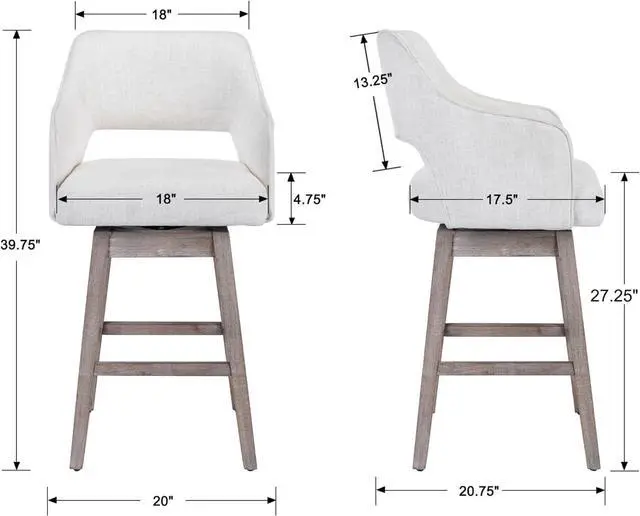 Alt view image 2 of 6 - 27-in Counter Height Swivel Barstools Set of 2, Linen Fabric 5-Inch Upholstered Bar Chair with High Back and Solid Wood Bar Stools for Kitchen Island, Linen Beige
