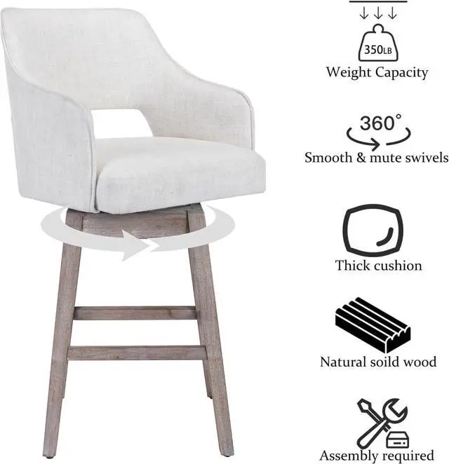 Alt view image 3 of 6 - 27-in Counter Height Swivel Barstools Set of 2, Linen Fabric 5-Inch Upholstered Bar Chair with High Back and Solid Wood Bar Stools for Kitchen Island, Linen Beige