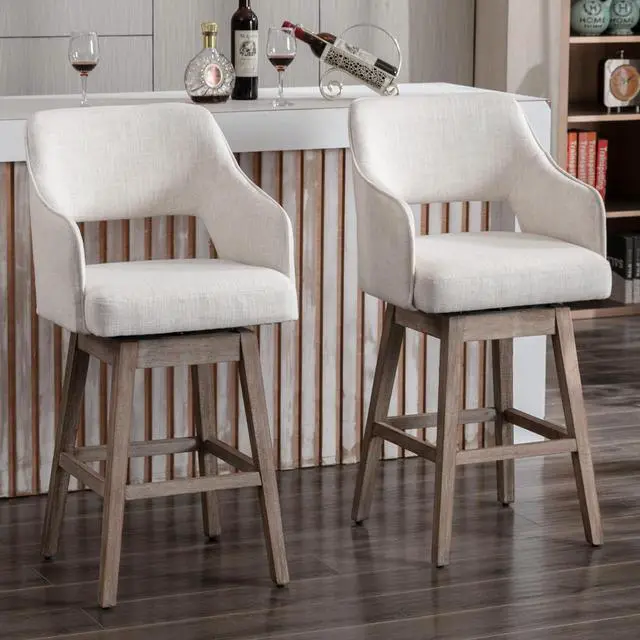 Alt view image 4 of 6 - 27-in Counter Height Swivel Barstools Set of 2, Linen Fabric 5-Inch Upholstered Bar Chair with High Back and Solid Wood Bar Stools for Kitchen Island, Linen Beige