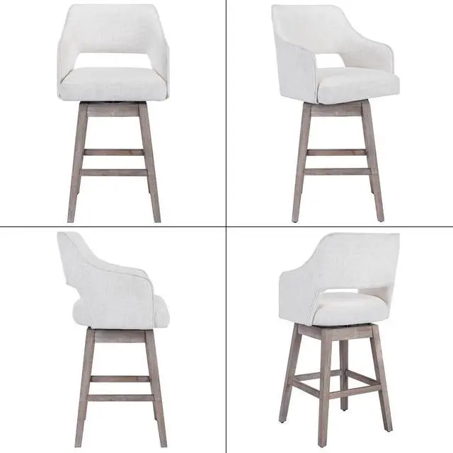 Alt view image 6 of 6 - 27-in Counter Height Swivel Barstools Set of 2, Linen Fabric 5-Inch Upholstered Bar Chair with High Back and Solid Wood Bar Stools for Kitchen Island, Linen Beige