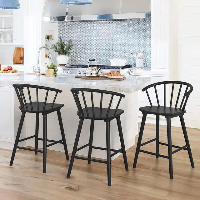 Main image of LUE BONA Wood Bar Stools with Semicircular Backrest, Black Farmhouse Barstools Set of 3, Modern Counter Height Bar Stools for Kitchen Island, 24 Inch