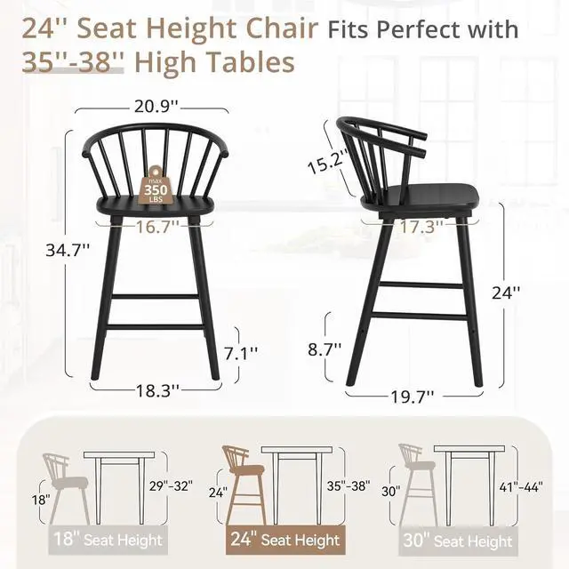 Alt view image 2 of 7 - LUE BONA Wood Bar Stools with Semicircular Backrest, Black Farmhouse Barstools Set of 3, Modern Counter Height Bar Stools for Kitchen Island, 24 Inch