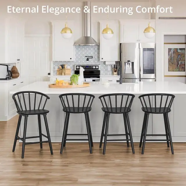 Alt view image 3 of 7 - LUE BONA Wood Bar Stools with Semicircular Backrest, Black Farmhouse Barstools Set of 3, Modern Counter Height Bar Stools for Kitchen Island, 24 Inch