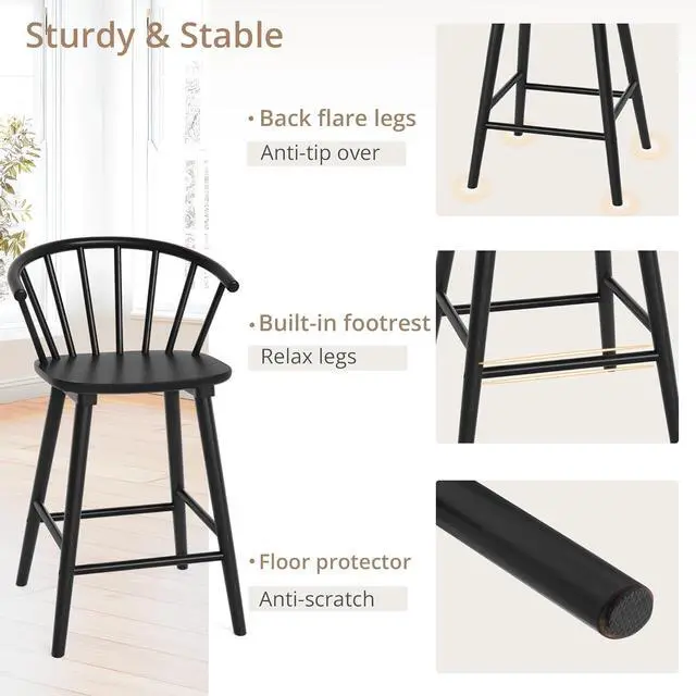Alt view image 5 of 7 - LUE BONA Wood Bar Stools with Semicircular Backrest, Black Farmhouse Barstools Set of 3, Modern Counter Height Bar Stools for Kitchen Island, 24 Inch