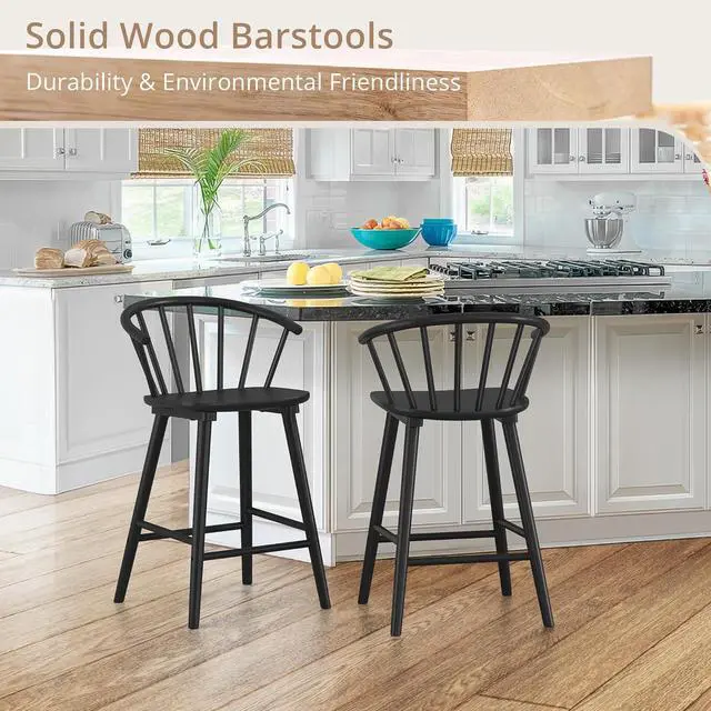 Alt view image 6 of 7 - LUE BONA Wood Bar Stools with Semicircular Backrest, Black Farmhouse Barstools Set of 3, Modern Counter Height Bar Stools for Kitchen Island, 24 Inch