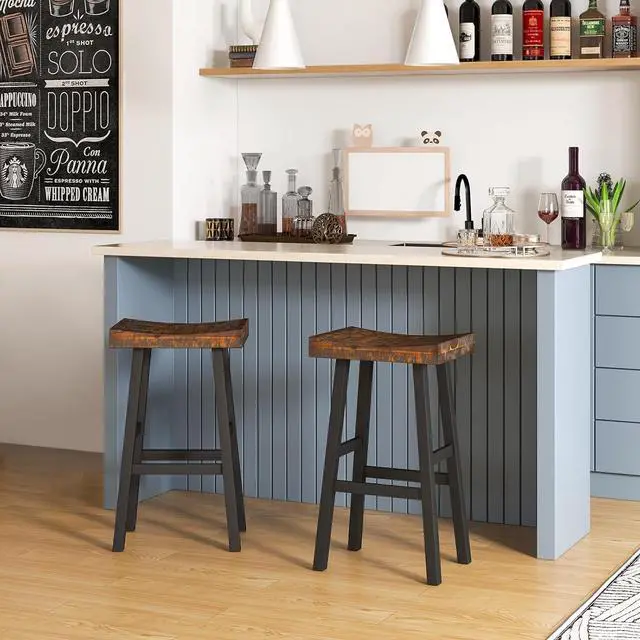 Alt view image 2 of 7 - Giantex Bar Stools Set of 2, 29" Bar Height Saddle Stools, Bar Dining Chairs with Rubber Wood Frame & Footrest, Backless Barstools for Kitchen Island, Dining Room, Pub, Rustic Brown