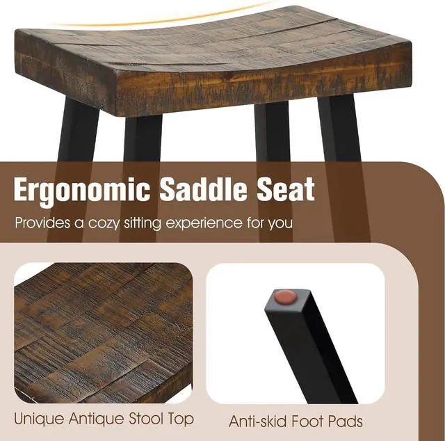 Alt view image 6 of 7 - Giantex Bar Stools Set of 2, 29" Bar Height Saddle Stools, Bar Dining Chairs with Rubber Wood Frame & Footrest, Backless Barstools for Kitchen Island, Dining Room, Pub, Rustic Brown