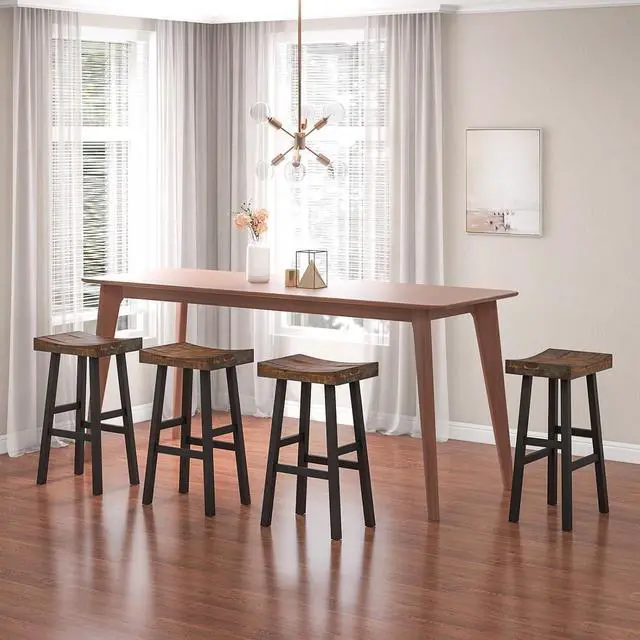 Alt view image 7 of 7 - Giantex Bar Stools Set of 2, 29" Bar Height Saddle Stools, Bar Dining Chairs with Rubber Wood Frame & Footrest, Backless Barstools for Kitchen Island, Dining Room, Pub, Rustic Brown