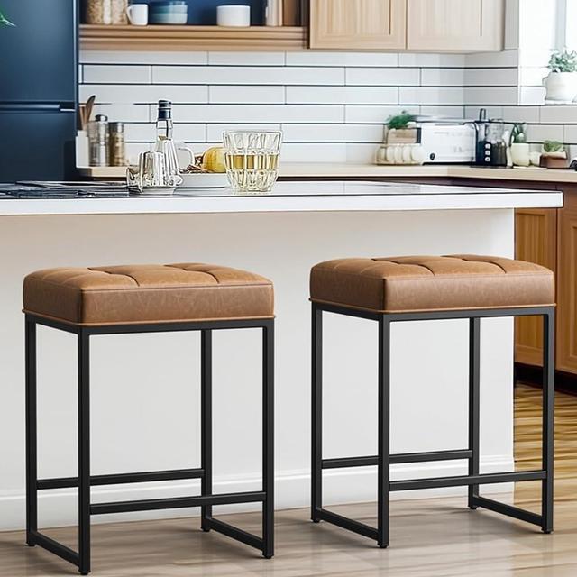 Main image of Yaheetech Bar Stools Set of 2, 24 Inch Counter Height Bar Stools Set, Backless Kitchen Island Stools, Faux Leather Stools for Kitchen Counter, Brown