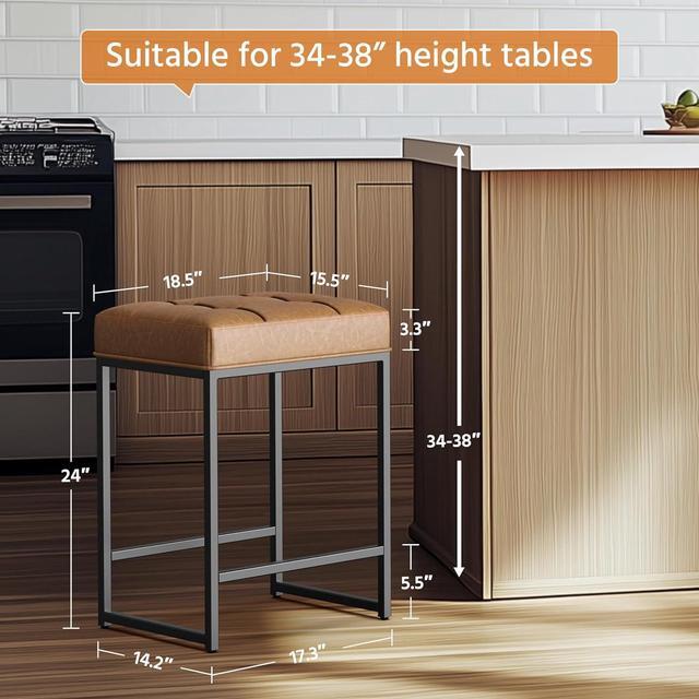 Alt view image 2 of 7 - Yaheetech Bar Stools Set of 2, 24 Inch Counter Height Bar Stools Set, Backless Kitchen Island Stools, Faux Leather Stools for Kitchen Counter, Brown
