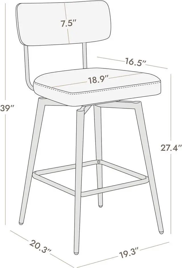 Alt view image 3 of 7 - Watson & Whitely Swivel Counter Height Bar Stool Chairs Set of 2, 27.4" Fabric Upholstered Counter Stools with Back and Metal Frame, White (Multi-Colored)